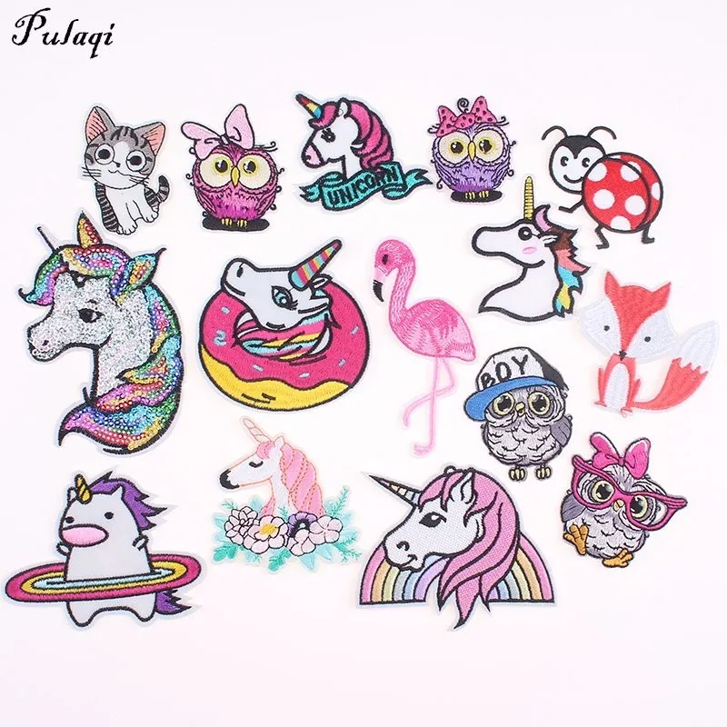 

Pulaqi Unicorn Owl Patch Animal Iron-on Patches Embroidered Sewing Applique For Clothes Apparel DIY Rianbow Badges D