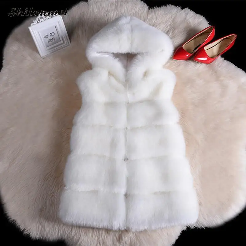 white Женские пальто, куртка, жилет, роскошный меховой жилет с капюшоном, пальто, высокое качество, искусственный Лисий мех, жилеты, Зимняя мода, мех, теплое Женское пальто - Цвет: white