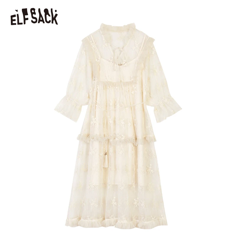 ELFSACK Summer New Bow Woman Dress Solid Lace Women Dresses Stylish Ruffles A-Line Ladies Dresses Sweet Girl's Clothing