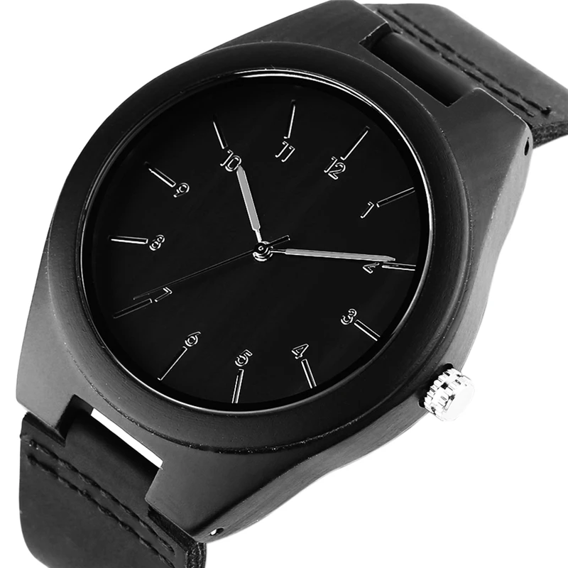 Black/Coffee Color Case Wood Watch Men Casual Leather Strap Quartz Men ...