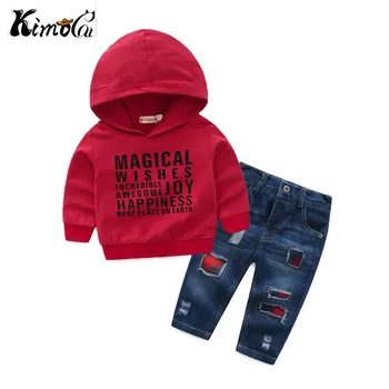 

Kimocat kids clothes Spring and autumn Red letters hooded sweater+Patched jeans2 pieces casual outfit girls clothes se't