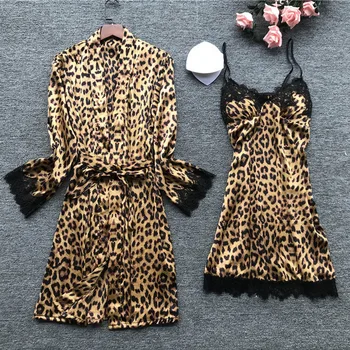

Womens Sexy Leopard Robe Sets Sleepwear Satin Sling Lace Sleepwears Lingerie Nightwear Underwear Set camisola de dormir feminino