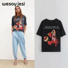 2019 de moda de verano, camiseta de las mujeres harajuku ropa coreana streetwear de niña de dibujos animados de impresión 100% algodón o-Cuello camiseta tops plus tamaño(China)