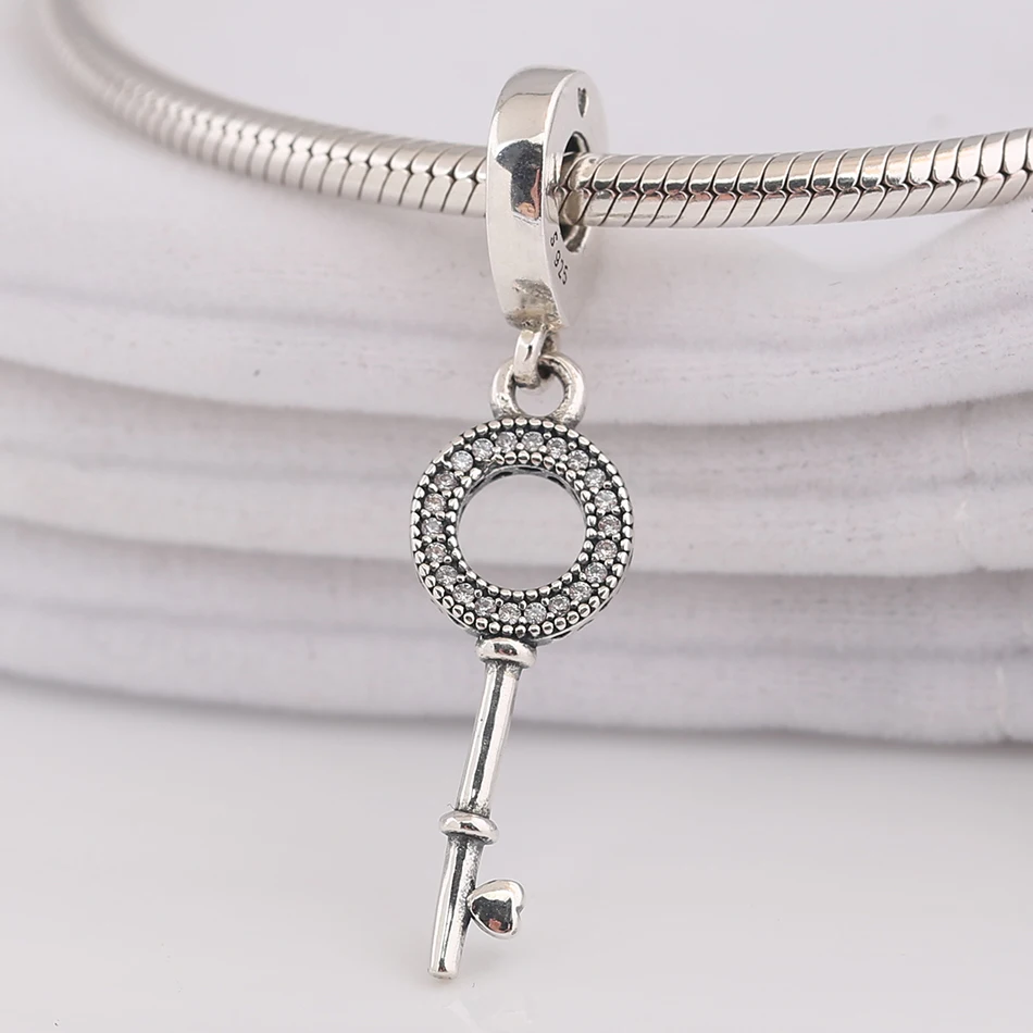 

Authentic 925 Sterling Silver Bead Love Heart Key With Crystal Pendant Charm Fit Pandora Bracelet Bangle DIY Jewelry