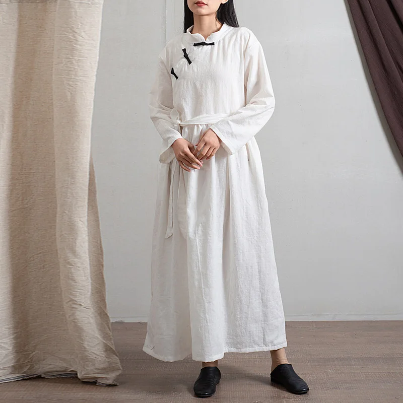 

Johnature Women Chinese Style Dress Stand Long Sleeve 2019 Spring New Vintage Cotton Linen Robes Button Maxi Dress Loose