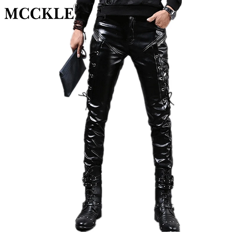 

Black Leather Faux Pu Mens Pants Motorcycle Biker Criss-cross Lace Up Patchwork Trousers For Men 2019 Autumn Winter Clothes Male
