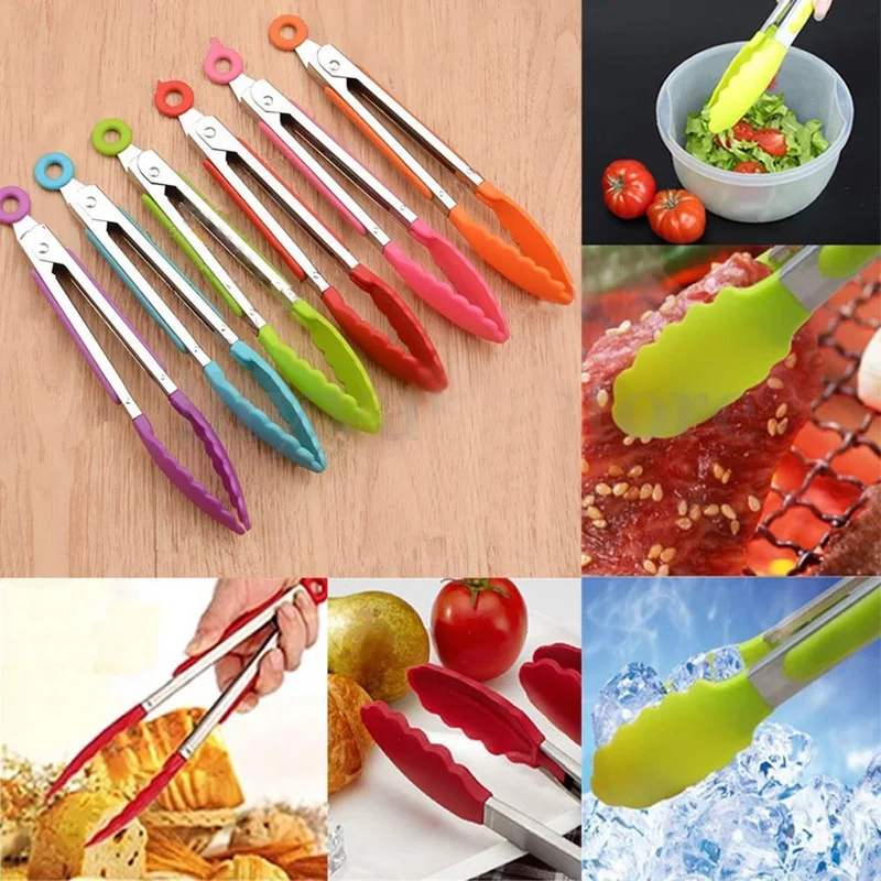1pc Silicone Serving BBQ Tongs Salad Food Buffet Clip Steel Handle Kitchen Tool Color Random