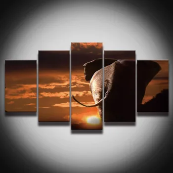 

Spray Printed African Elephant Back Unframed Painting Canvas Art 5 Panels Sunset Landscape Wall Decor For Room Print Poster