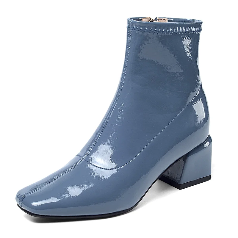 Kcenid/осенне-зимние ботинки; женские ботильоны с квадратным носком на высоком каблуке; женские ботинки из лакированной кожи; женская обувь на молнии; Цвет Синий - Цвет: blue no fur