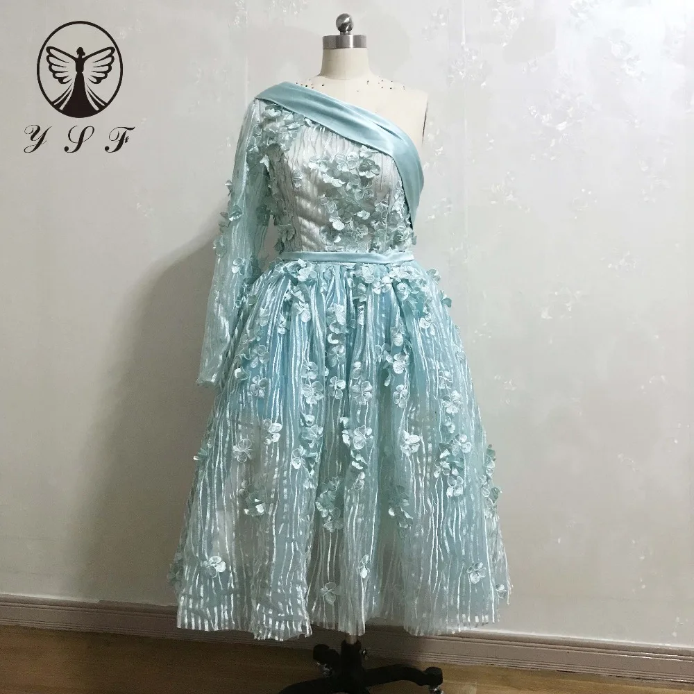 

YSF Designer Prom Dresses Mint Blue One Shoulder Long Sleeve Tea Length Lace Vestidos De Formature