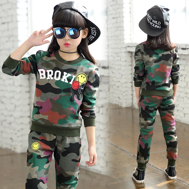 2018 Spring Autumn Female Child Camouflage Printing Clothing Set Little