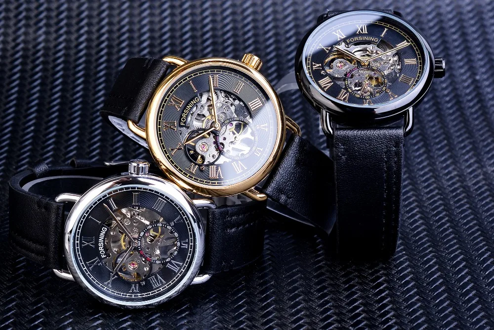 Forsining черный золотые часы секунд руки независимых дизайн механический ручной взвод часы для мужчин Лидирующий бренд водостойкий