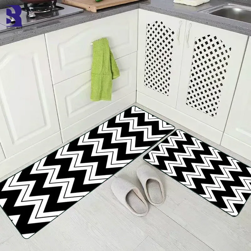 SunnyRain 2 Piece Set Black White Kitchen Rug Geometric Area Rugs For Kitchen Slip Resistant