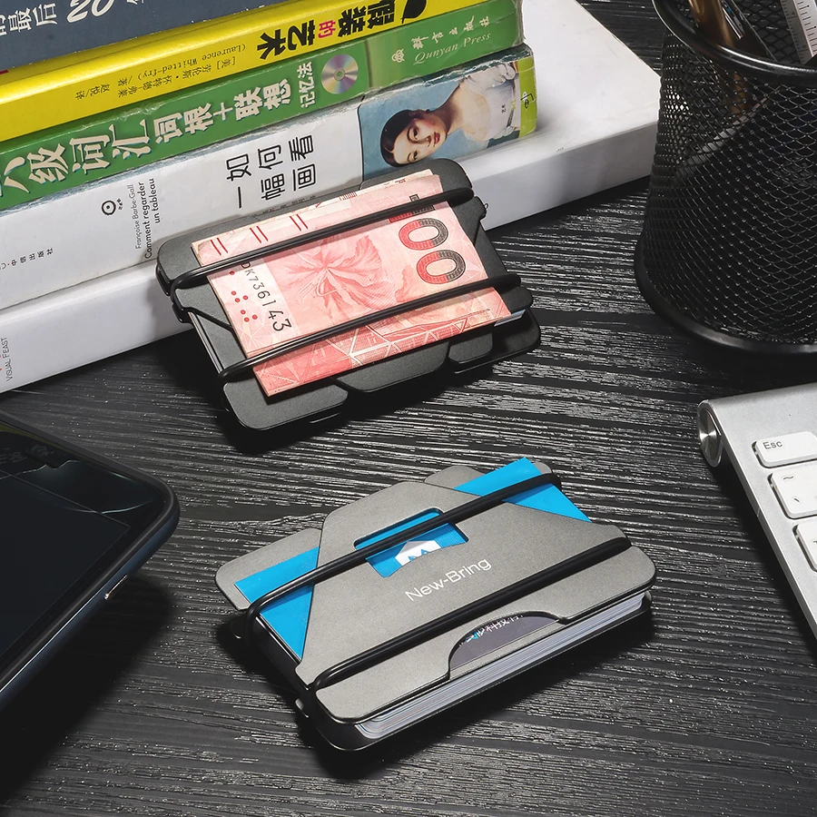 NewBring Fashion Metal ID Credit Card Holder Black Pocket Box Business Cards Wallet With RFID Anti-chief Wallet Men