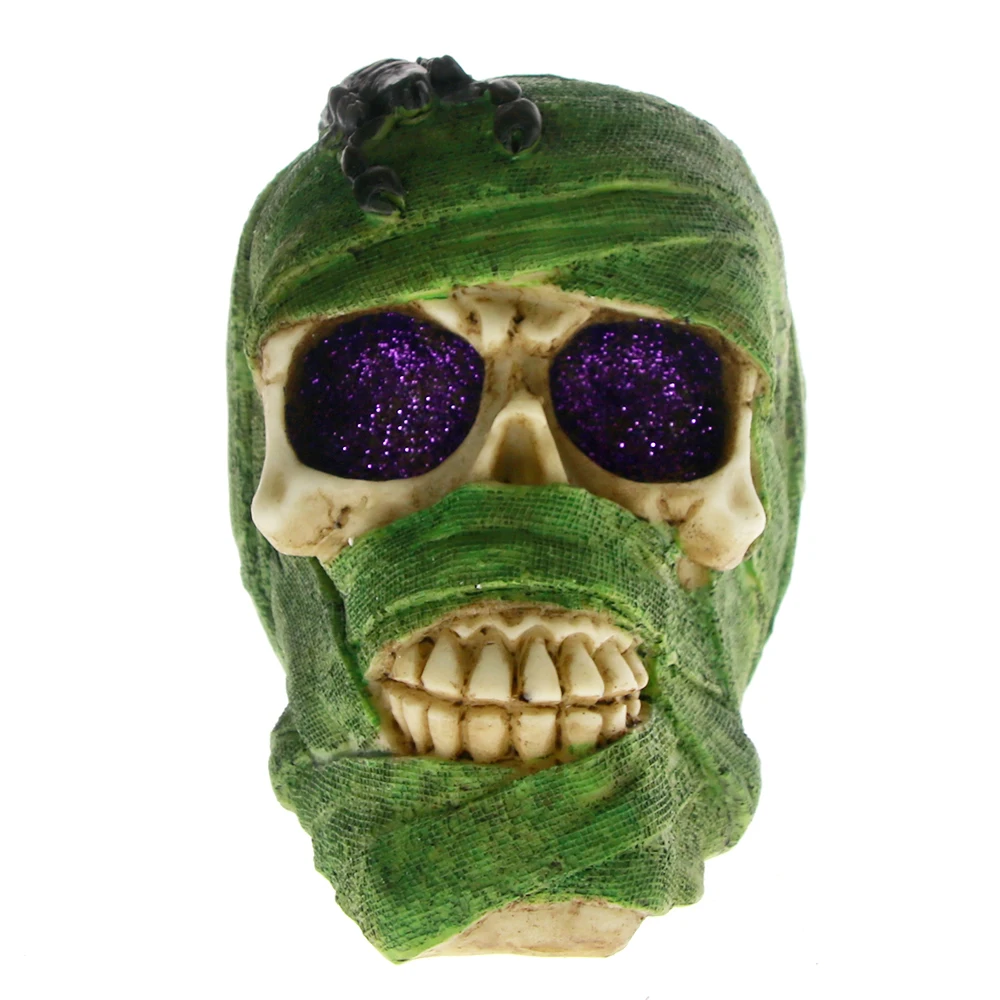 

Green Knitted Hat Soldier Death Skull Statue With Scarab Creepy Halloween Desktop Decor Egyptian Evil Mummy Skull Resin Figurine