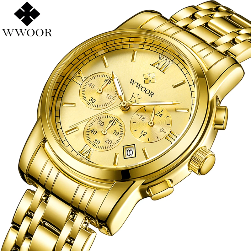 

New WWOOR Gold Men Watches Waterproof Sport Quartz Watch Men Top Brand Luxury Stainless Steel Watch Male Clock Relogio Masculino