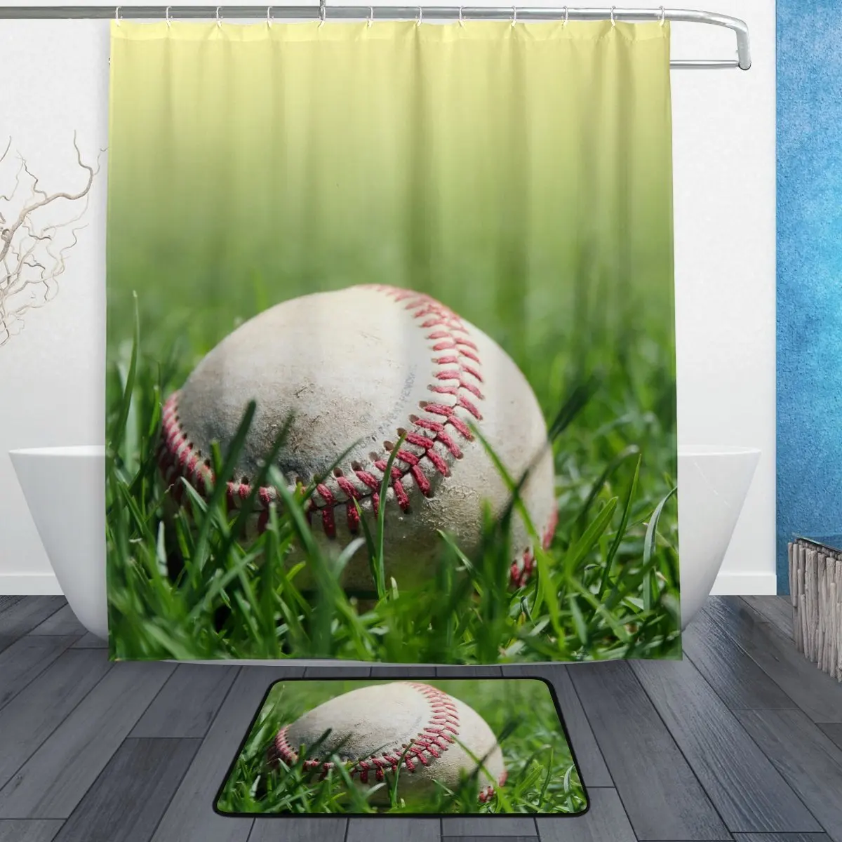 Sports Shower Curtain and Mat Set, Baseball on Grass Waterproof Fabric Bathroom Curtainshower