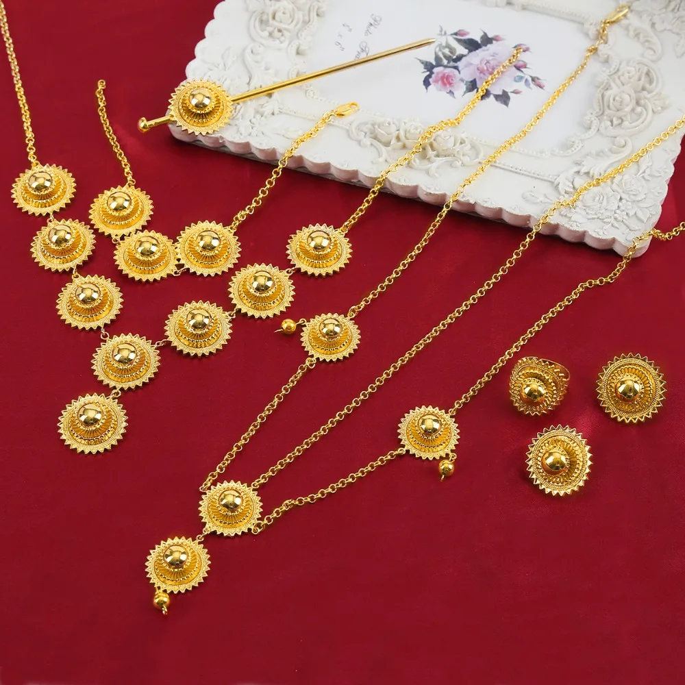 

Best Quailty Ethiopian Sets 22k Gold Color Hair Jewelry 6pcs Sets African Jewelry For Ethiopia Best Women Gift