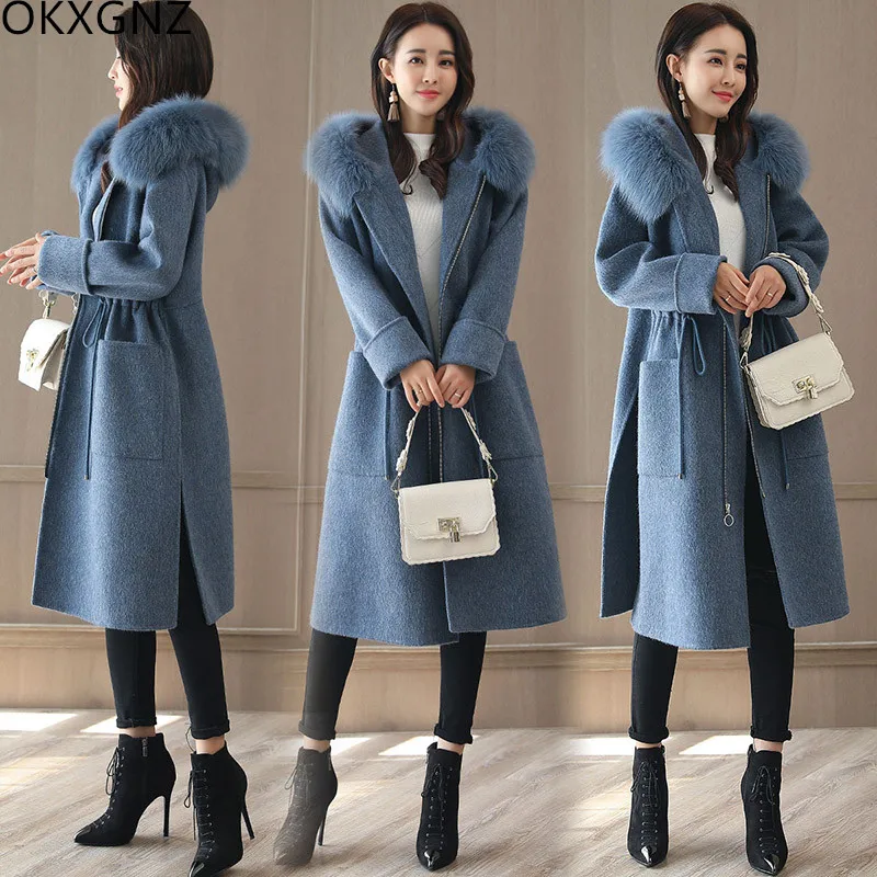 Winter Women Woolen Coat Outerwear Female Medium-long Hooded Trench Big Fur Collar Casual Casaco Feminino Female Jacket