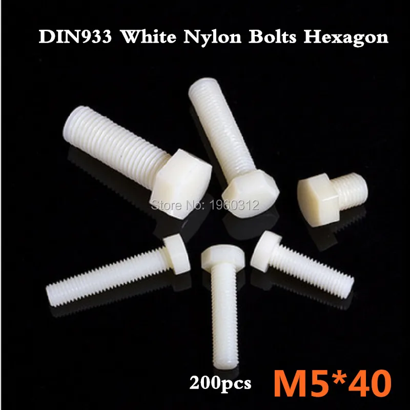 200pcs/lot DIN933 M5 x 40 White Plastic Nylon Bolts Hexagon Hex Head