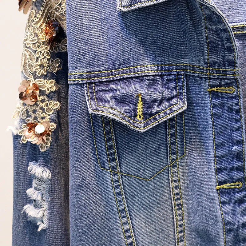 Осенний Женский вышитый трехмерный цветок с коротким рукавом Ретро джинсовая куртка длинные женские джинсовые куртки R823