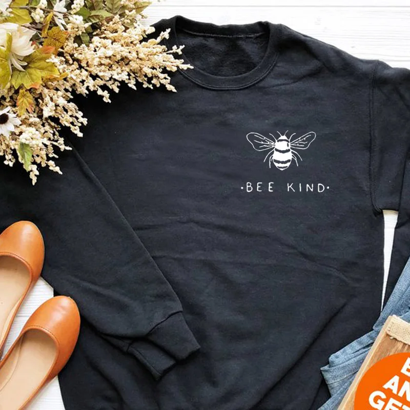 Bee kind Kawaii, Женская толстовка, пчелы, с карманом, с принтом, толстовки, повседневные, японские, женские, s гранж, tumblr, графические пуловеры, цитата, топы - Цвет: Black-white txt
