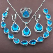 Женские небесно-голубые циркониевые 925 пробы серебряные Ювелирные наборы ожерелье кулон серьги кольца браслет YZ0104