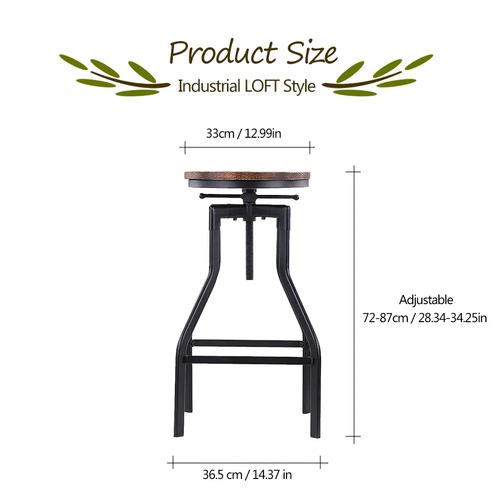 iKayaa Height Adjustable Swivel Bar Stool Industrial Style Natural Pinewood Top + Metal Kitchen Dining Chair