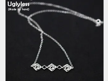 

Uglyless Real S 990 Fine Silver Necklaces for Women Simple Fashion Ethnic Hollow Square Pendants Jewelry Handmade Carved Bijoux