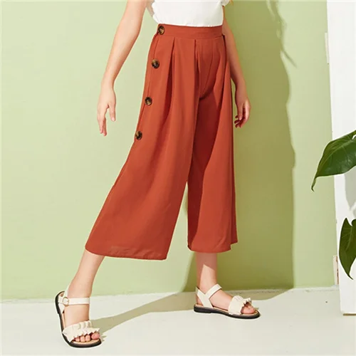 SHEIN Kiddie Girls Solid Button Side Pleated Palazzo Casual Pant Kids Bottom Summer High Waist Teenagers Loose Pants - Цвет: Rust