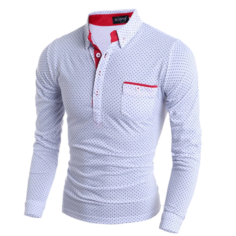 Brand Clothing Men Polo Shirt Pocket Polka Dot Long Sleeve Polos Brand Clothing Men Polo Shirt Pocket