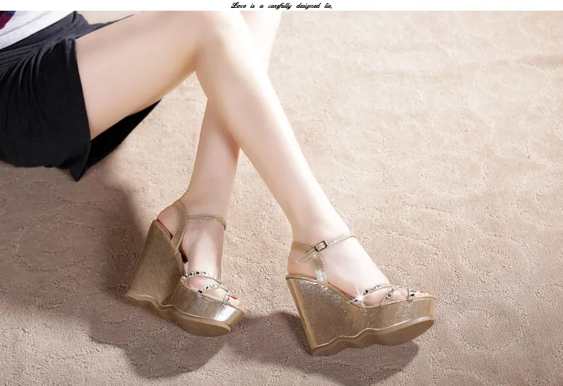 15_2016 Summer Fashion Elegant Footwear Peep Toe Black High Heeled Platform Sandals Silver Diamond Wedges Shoes Women Small Size