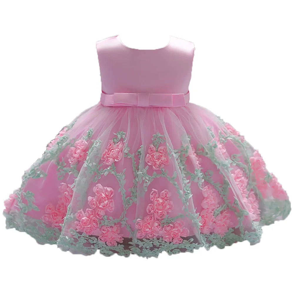Платье-пачка принцессы с цветочным принтом для маленьких девочек; Торжественная одежда без рукавов с бантом; платья с кружевными рюшами; платье с вышивкой - Цвет: Розовый