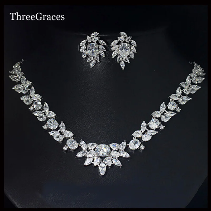 

ThreeGraces Famous Brand Big Marquise Cubic Zirconia Crystal Earrings Choker Necklace Wedding Jewelry Sets For Women JS132