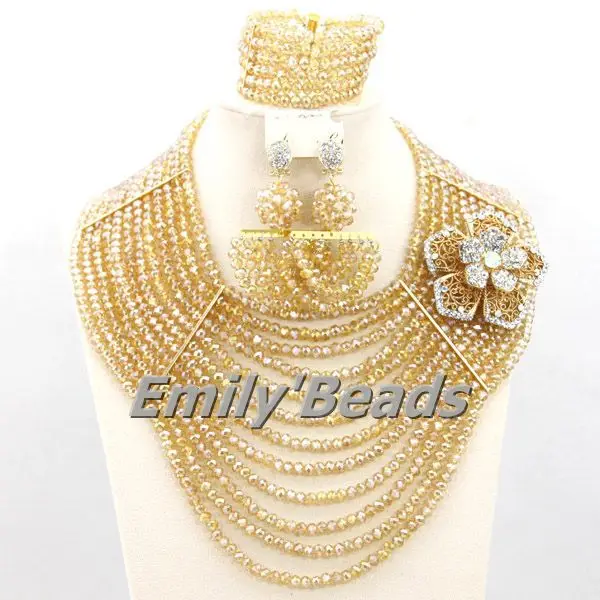 

Nigerian Gold Costume Beads Jewelry Set Fashionable African Wedding Bridal Necklace Jewelrly Set Wholesale Free Shipping AEJ610