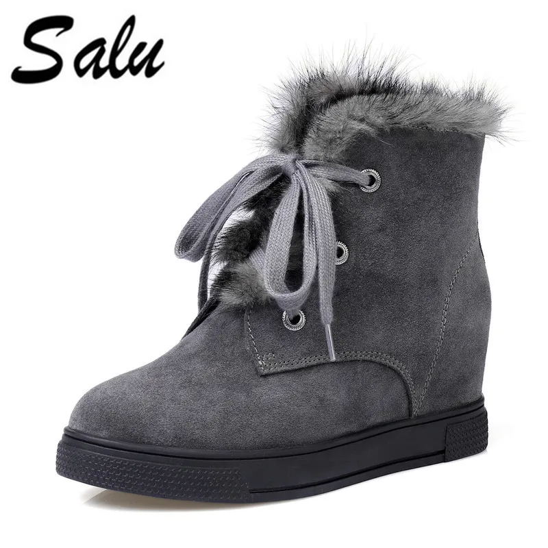 Salu Women Boots Wool Fur Round Toe Short Boots Black Lace-Up Thick Heels Shoes Winter Warm Plush Ankle Boots Salu Women Boots Wool Fur Round Toe Short Boots Black Lace-Up Thick Heels Shoes Winter Warm Plush Ankle Boots