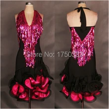 Латинский Танцевальный костюм старший Сексуальная кисточкой глубоким v-образным вырезом латинские танцы платье для женщин латинский танец конкурс черное платье