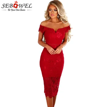 

Sebowel 2019 Sexy Red Lace Bardot Party Midi Dress Women Short Sleeves Off Shoulder Bodycon Dresses Ladies Slash Neck Club Wear