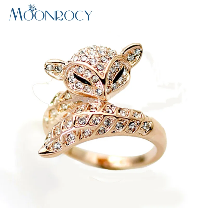 

MOONROCY Drop Shipping Wholesale Cubic Zirconia Rose Gold Color Fox Animal Austrian Crystal Rings Fashion for Women Girls Gift