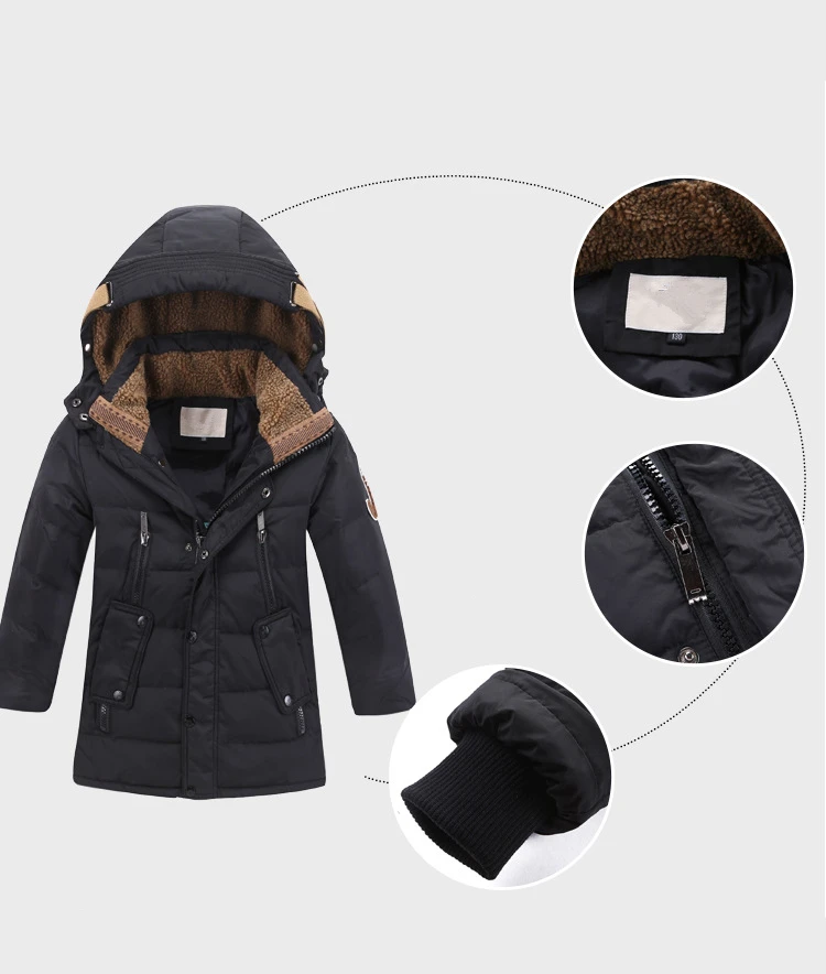 Для маленьких мальчиков зимние куртки-пуховики с утиным пухом для мальчиков Модный меховой воротник пальто с буквами для мальчиков; утепленная теплая куртка с капюшоном детская одежда