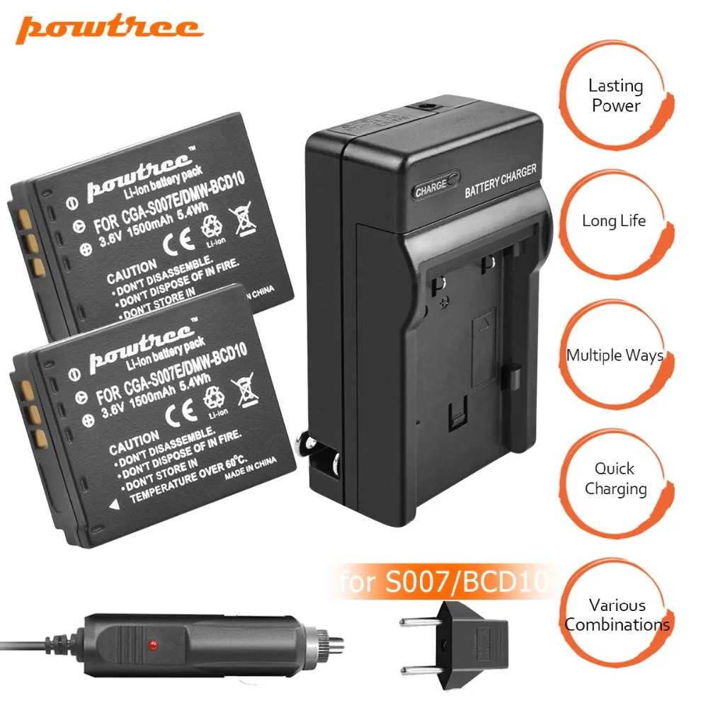 

2Packs CGA-S007 Li-ion Battery 3.6V 1500mAh +Battery Charger+Car charger For Panasonic TZ1 TZ2 TZ3 TZ4 TZ5 L20