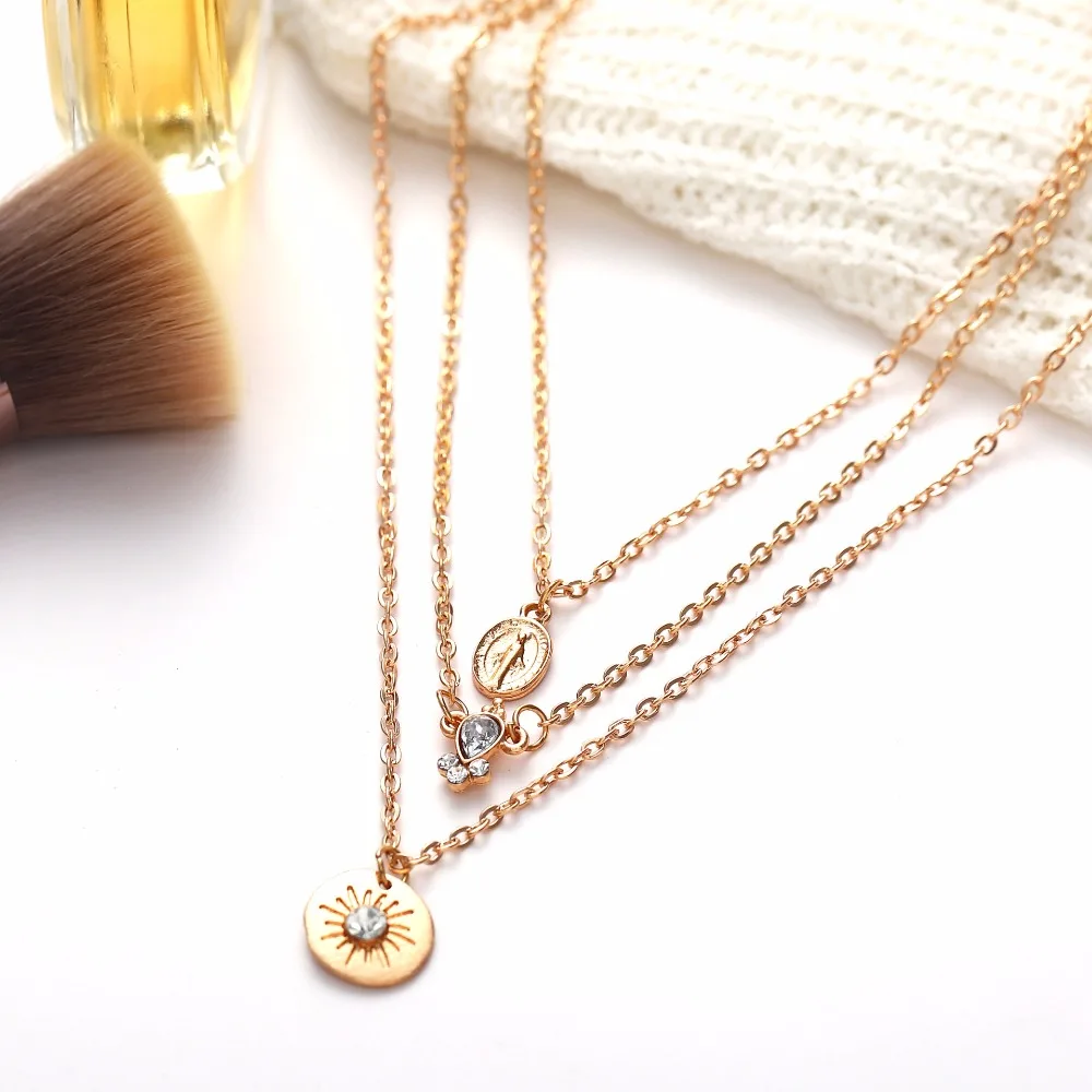 

Summer Beach Bohemia Statement Multi layered Chain Jesus Sun Charms Coins Pendant Necklaces Choker Women Crystal Collar Jewelry