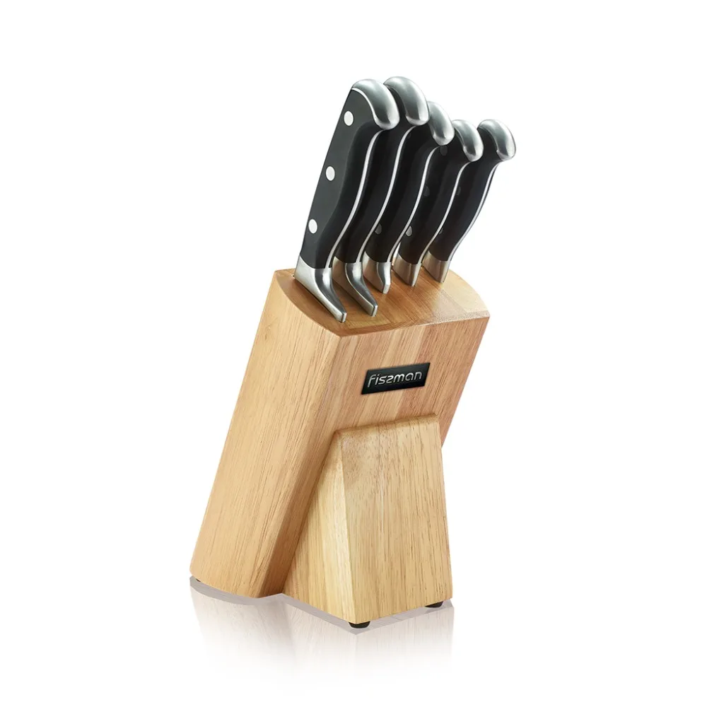 FISSMAN Stainless Steel Kitchen Knife Set with Wooden Knife Block-5pcs Knives inc Chef Santoku Boning Utility Paring Knife