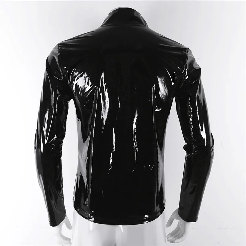 TiaoBug мужской черный блестящий металлический сексуальный топ с длинным рукавом и стоячим воротником с мокром эффектом из лакированной кожи для ночного клуба, вечерние танцевальные рубашки для сцены