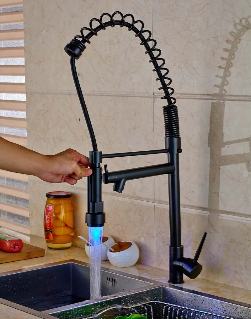 

Traditional Oil Rubbed Bronze LED Spout Kitchen Sink Faucet 360 Degree Rotate Single Handle Mixer Tap