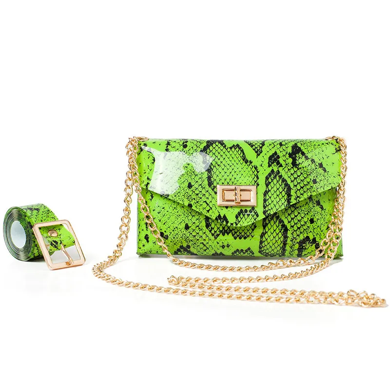 Neon Green Fashion Snake Print Belt Bag Women Serpentine PU Leather Waist Bags Female Fanny Pack - Цвет: Зеленый