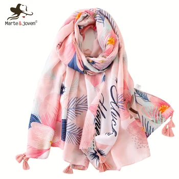 

Marte&Joven Women Elegant Big Floral Print Pink Scarf Long Summer Pashmina Charming Leaves Autumn Warm Shawl Wrap Ladies