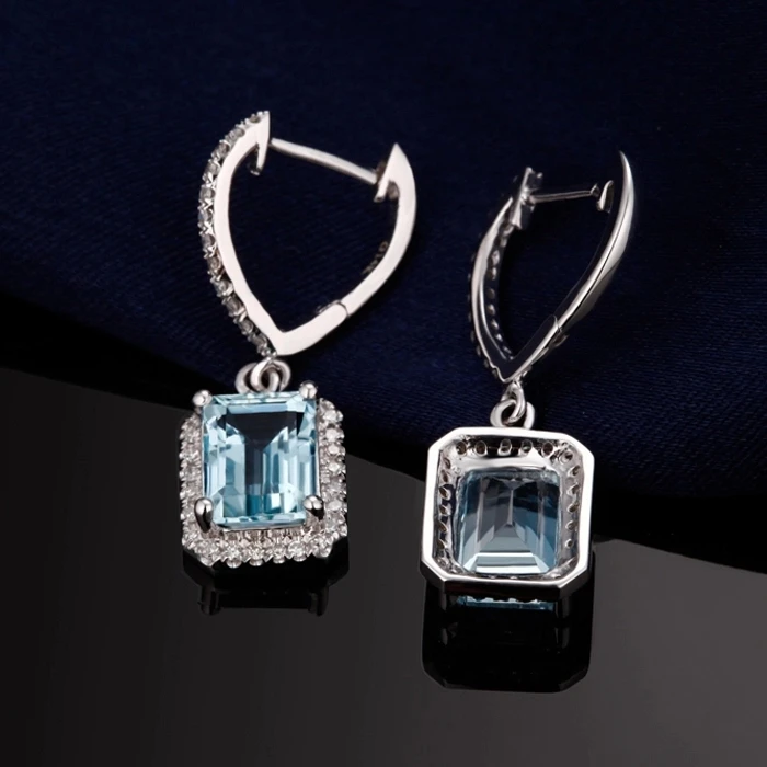 CaiMao 2.98 ct Natural Aquamarine 14KT/585 White Gold 0.35ct Round Cut Diamond Wedding Earrings Jewelry Gemstone