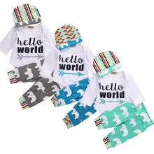 0-18M Newborn Infant Baby Boys Girls Clothes Hello World Long Sleeve Bodysuit Elephant Pant Hat 3pcs Outfit Bebek Clothing Set