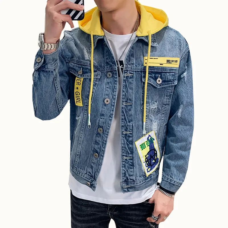 

Men's Denim Jacket New Men's Fashion Stitched Denim Long Sleeve Jacket Men's Hooded Large Size Loose Straight Coat 3XL